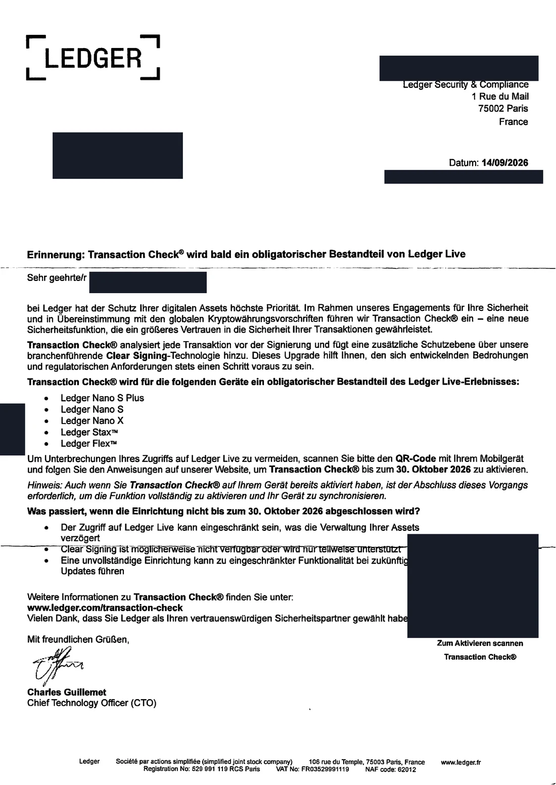 Ledger-Brief zu Transaction Check mit Frist 30. Oktober 2026; Empfängerblock, Referenznummer, Codes und beide QR-Codes sind mit dunklen Balken unkenntlich gemacht