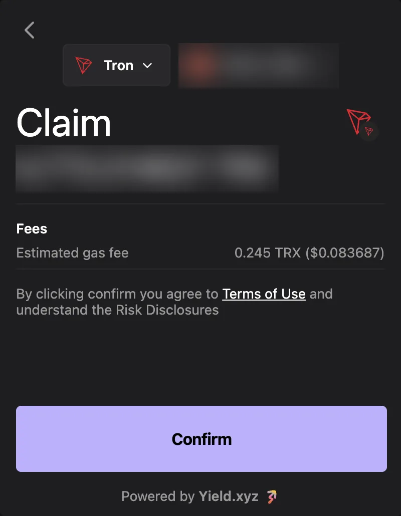 Ledger Live: Claim-Dialog für aufgelaufene TRX-Staking-Rewards mit Netzwerkgebühr 0,245 TRX, Betrag und Adresse unkenntlich gemacht