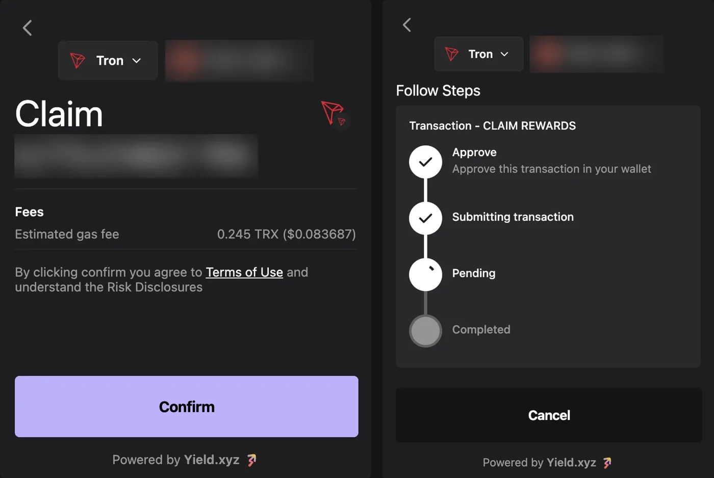 Ledger Live mit Yield.xyz: links der Claim-Dialog für TRX-Staking-Rewards mit 0,245 TRX Netzwerkgebühr, rechts die vier Schritte Approve, Submitting, Pending, Completed – Betrag und Adresse unkenntlich gemacht