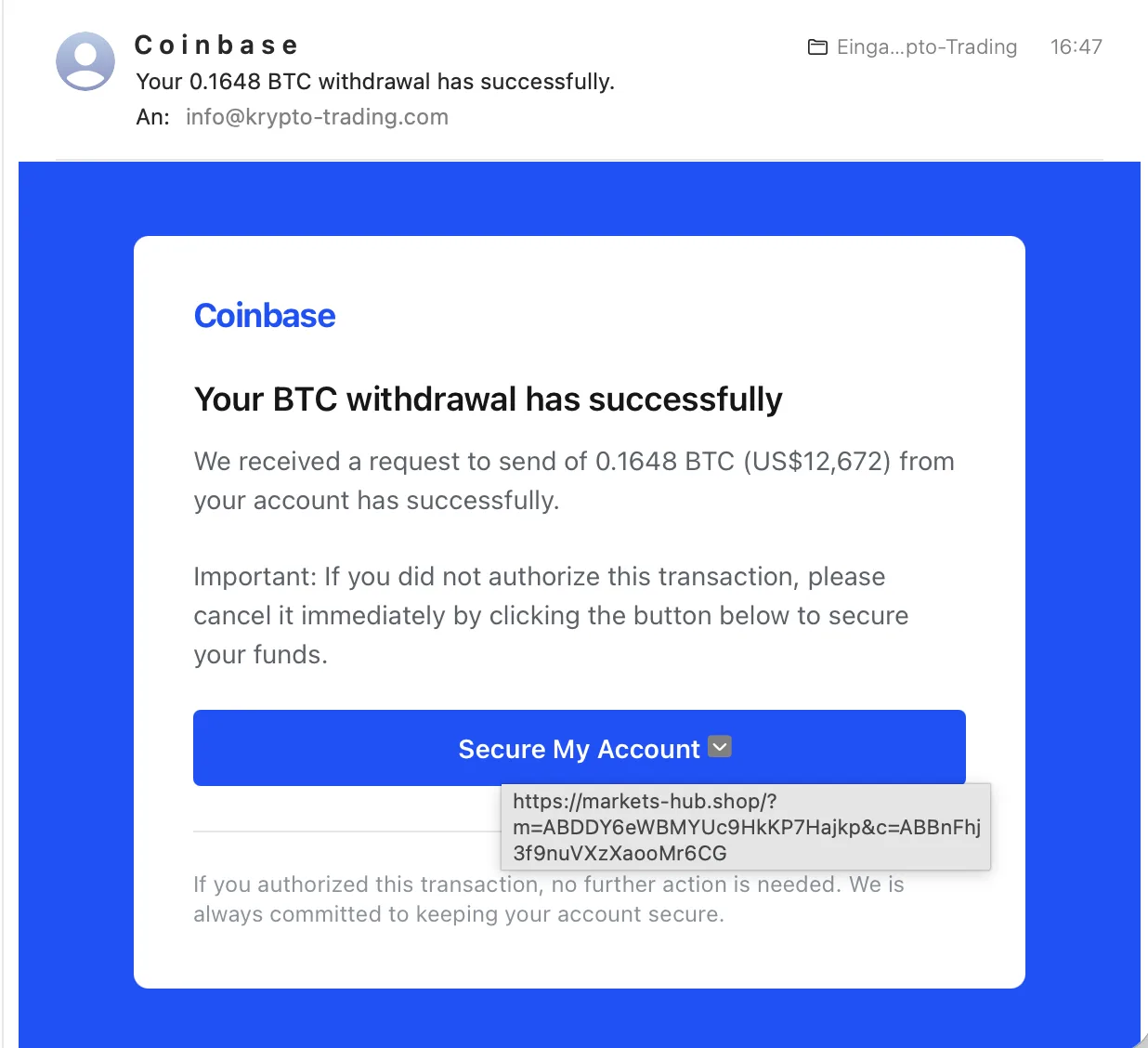 Phishing-Mail im Coinbase-Design: Betreff „Your 0.1648 BTC withdrawal has successfully“, angebliche Auszahlung von 0,1648 BTC über 12.672 US-Dollar, blauer Button „Secure My Account“ mit eingeblendetem Linkziel markets-hub.shop