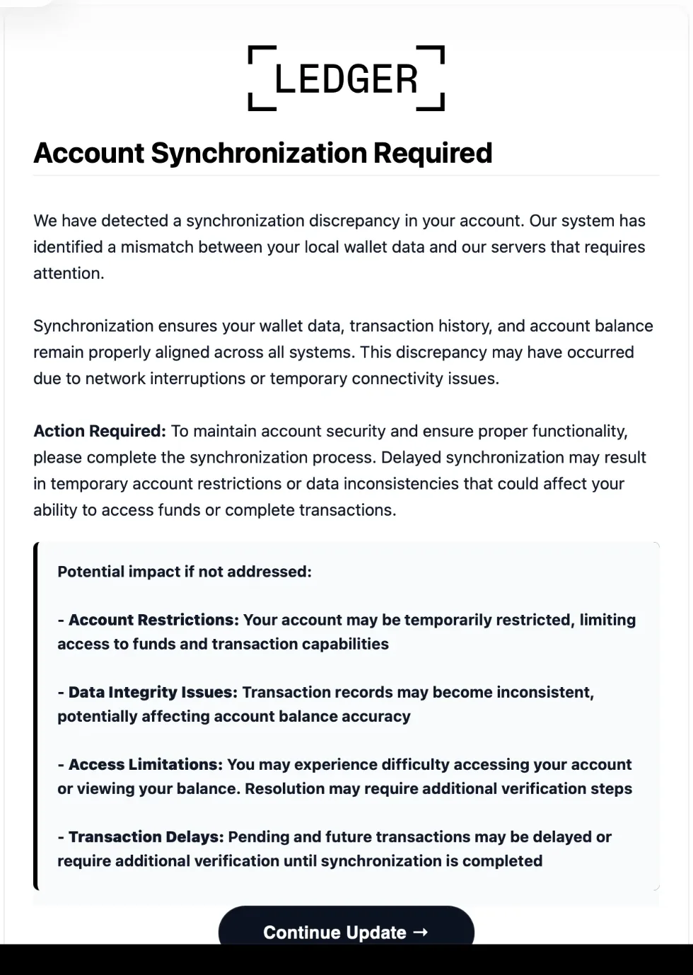 Phishing-Mail im Ledger-Design mit der Überschrift „Account Synchronization Required“ und einem Button „Continue Update“