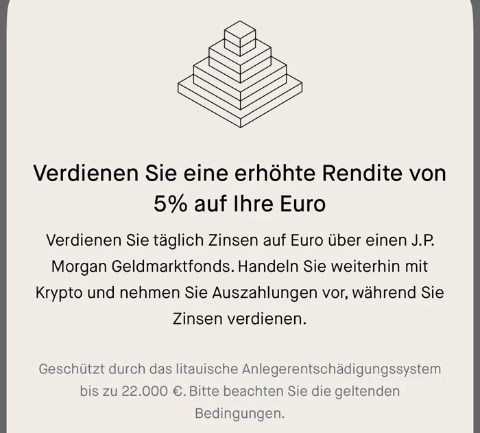 Screenshot der Robinhood-App: erhöhte Rendite von 5 % auf Euro über einen J.P. Morgan Geldmarktfonds, geschützt durch das litauische Anlegerentschädigungssystem bis 22.000 €