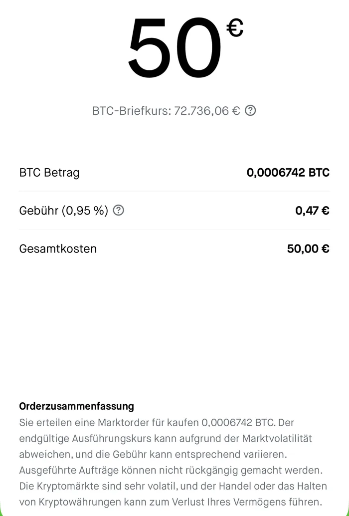 Screenshot der Robinhood-App: Kaufmaske für 50 € Bitcoin mit BTC-Briefkurs, Gebühr 0,95 % von 0,47 € und Gesamtkosten 50,00 €