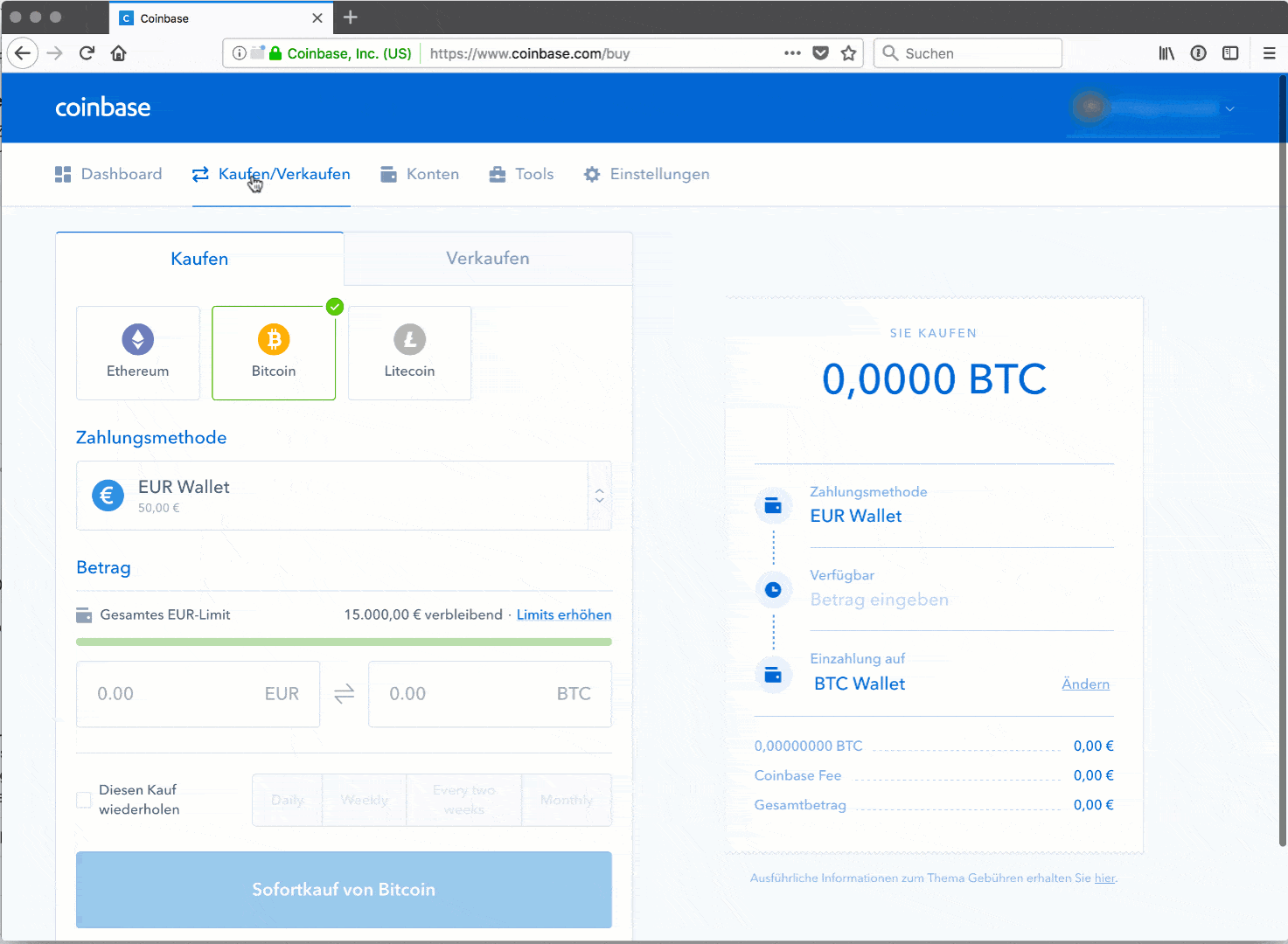 Animierter Screenshot des Kaufs einer Kryptowährung bei Coinbase, aufgenommen 2017