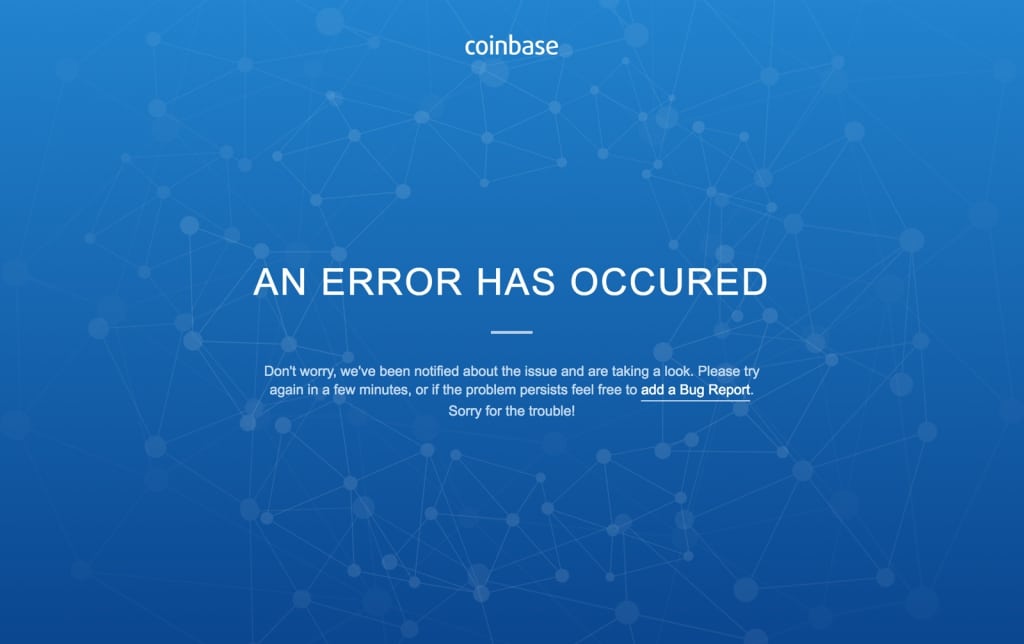 Screenshot der Fehlermeldung, als Coinbase im Dezember 2017 nicht erreichbar war