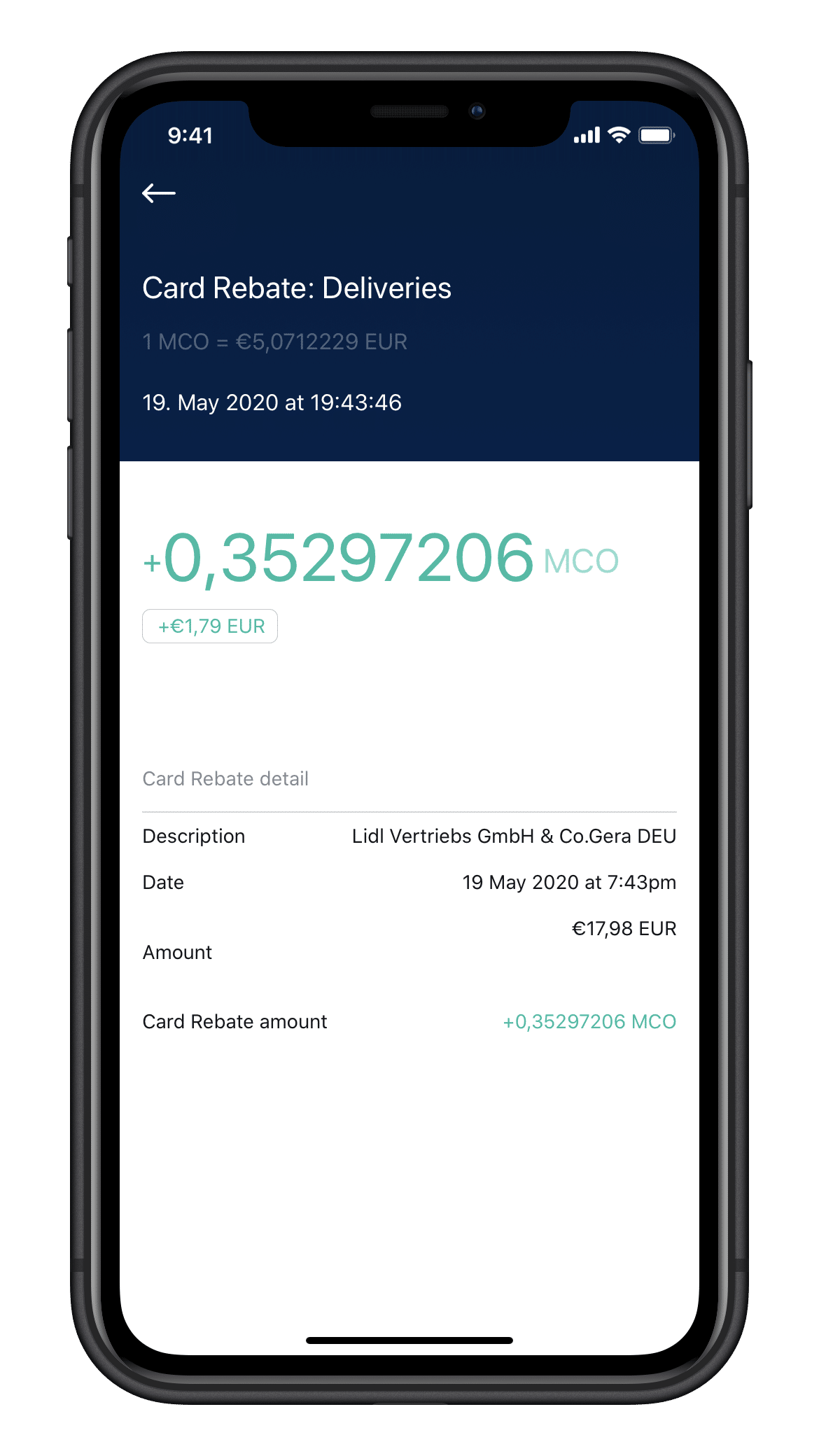 Screenshot meiner ersten Kartenzahlung mit der Crypto.com Visa bei Lidl im Mai 2020, mit Cashback-Gutschrift in CRO