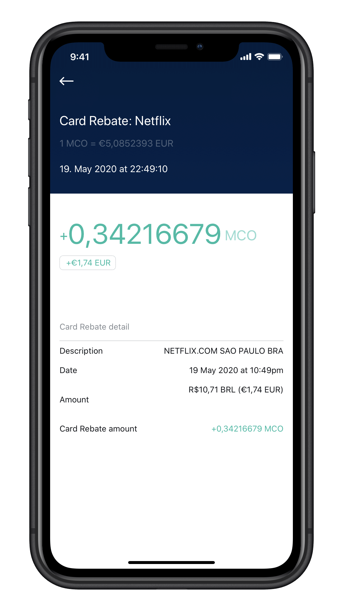 Screenshot der Netflix-Erstattung in der Crypto.com App