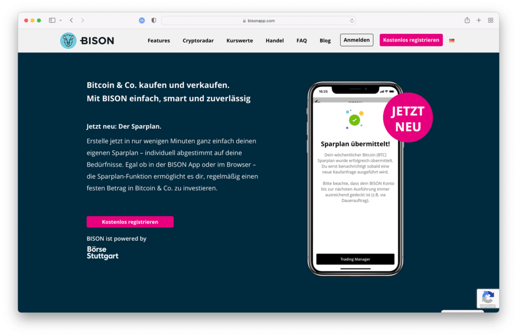 Screenshot der BISON App im Test 2021: Marktübersicht mit Bitcoin, Ethereum und weiteren Coins
