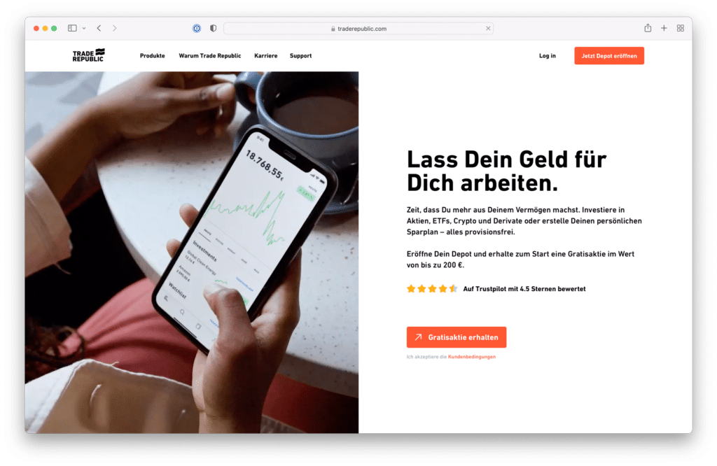 Screenshot der Trade Republic Website im Oktober 2021 mit der App-Ansicht eines Depots
