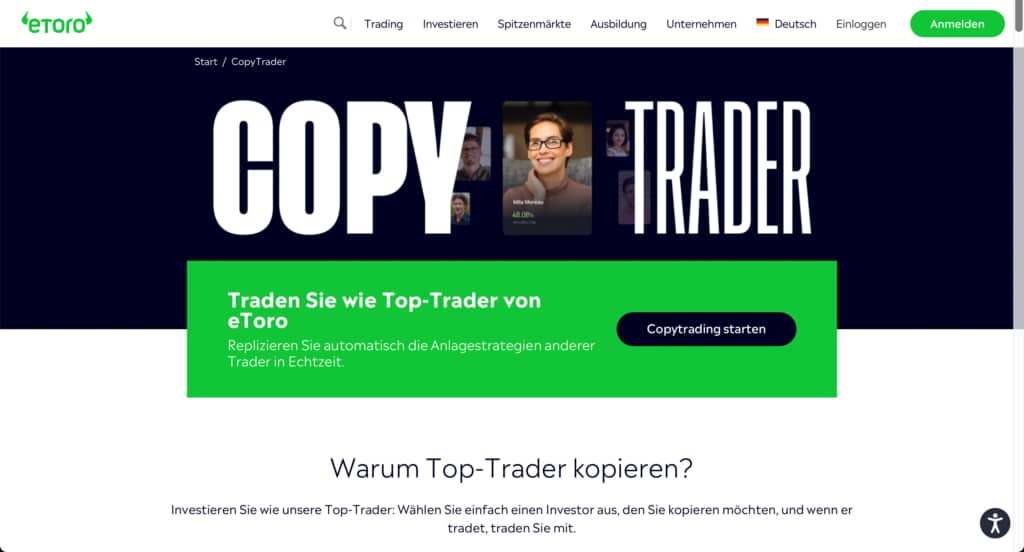 Screenshot der eToro-Website 2023: Startseite der CopyTrader-Funktion