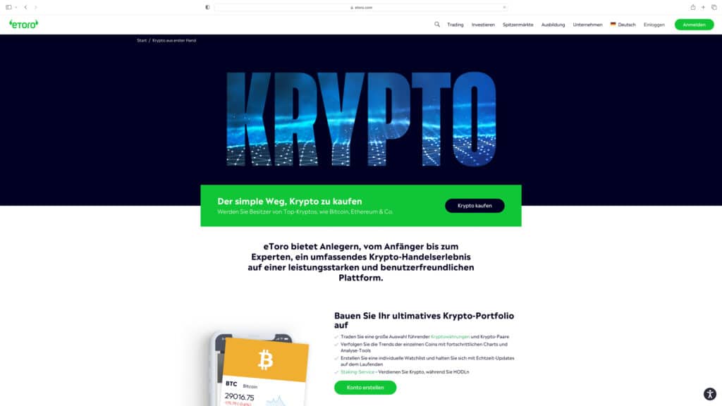 Screenshot der eToro-Website 2023: Startseite des Krypto-Bereichs mit Bitcoin-Kurs in der App-Vorschau